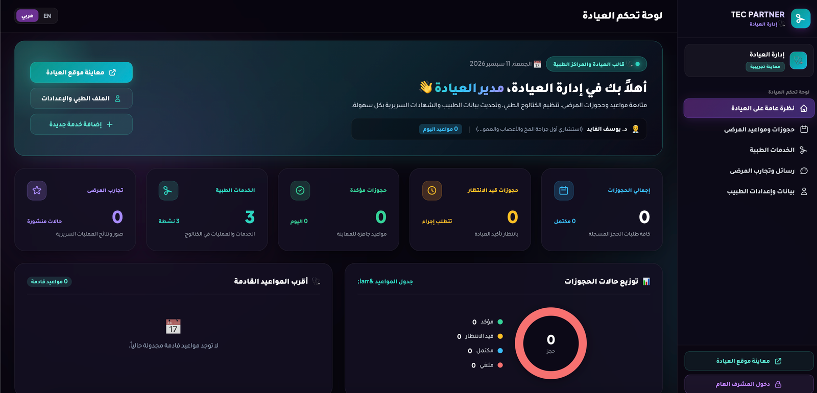 معاينة لوحة تحكم — ميديكير – قالب الدكتور والعيادة الطبية